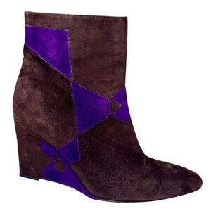 FENDI Geometic Brown Purple Suede Wedge Boots Futuristic Y2K Aesthetic Size 8.5